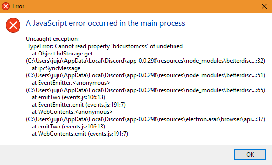 JavaScript error occurred in the main process