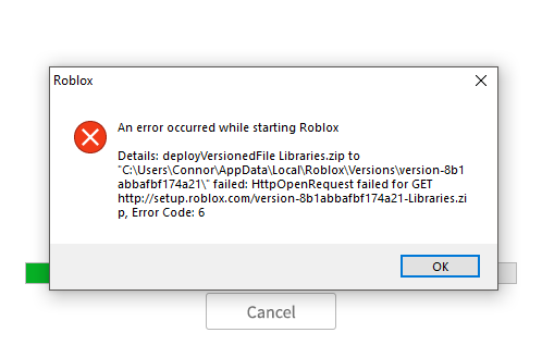 an error occurred while starting roblox