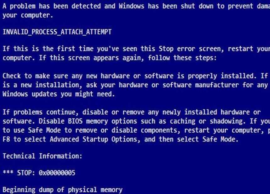 0x00000005 INVALID_PROCESS_ATTACH_ATTEMPT